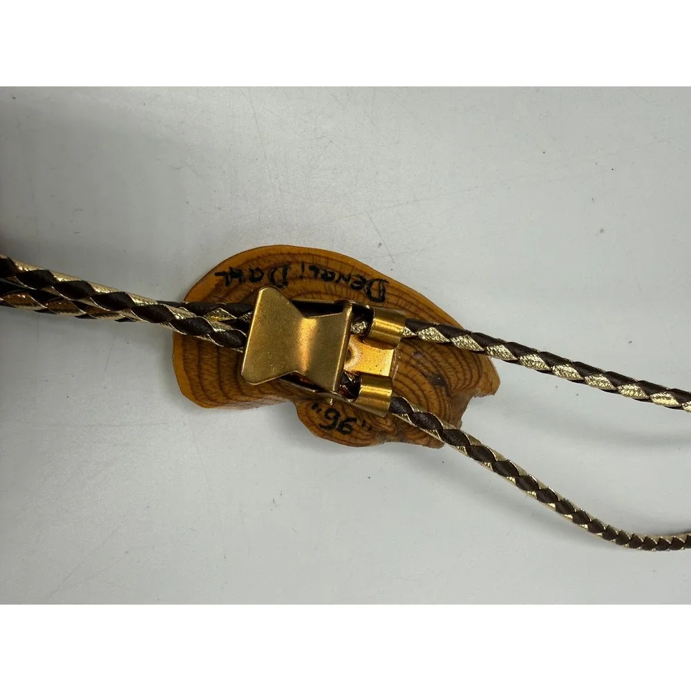 Vintage Dennis Dahl 1996 Wood Bolo Tie 1907 Indian Head Penny Gold Feather Tips